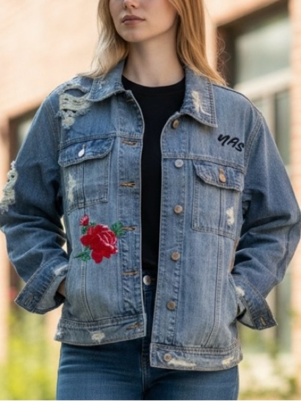 NEW Hidden Embroidered Rose Distressed Denim Jacket - Blue